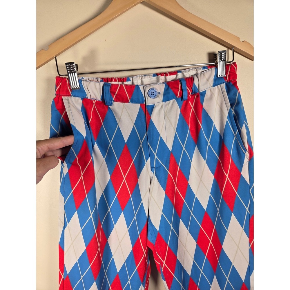 Tipsy Elves Mens Argyle Golf Pants Red White Blue Diamond Performance Trousers S - Picture 2 of 9
